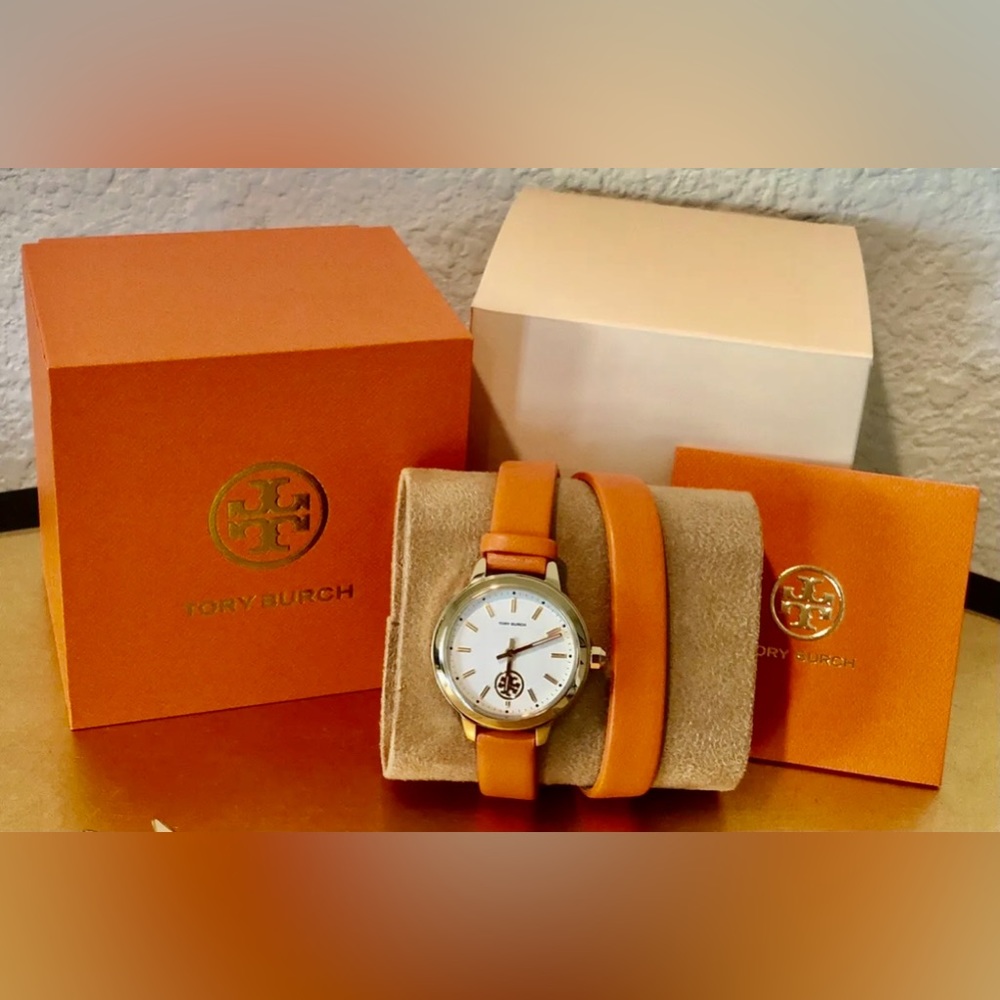 NIB TBW1302 TORY BURCH Collins Orange Double Wrap Gold Case Women's Watch